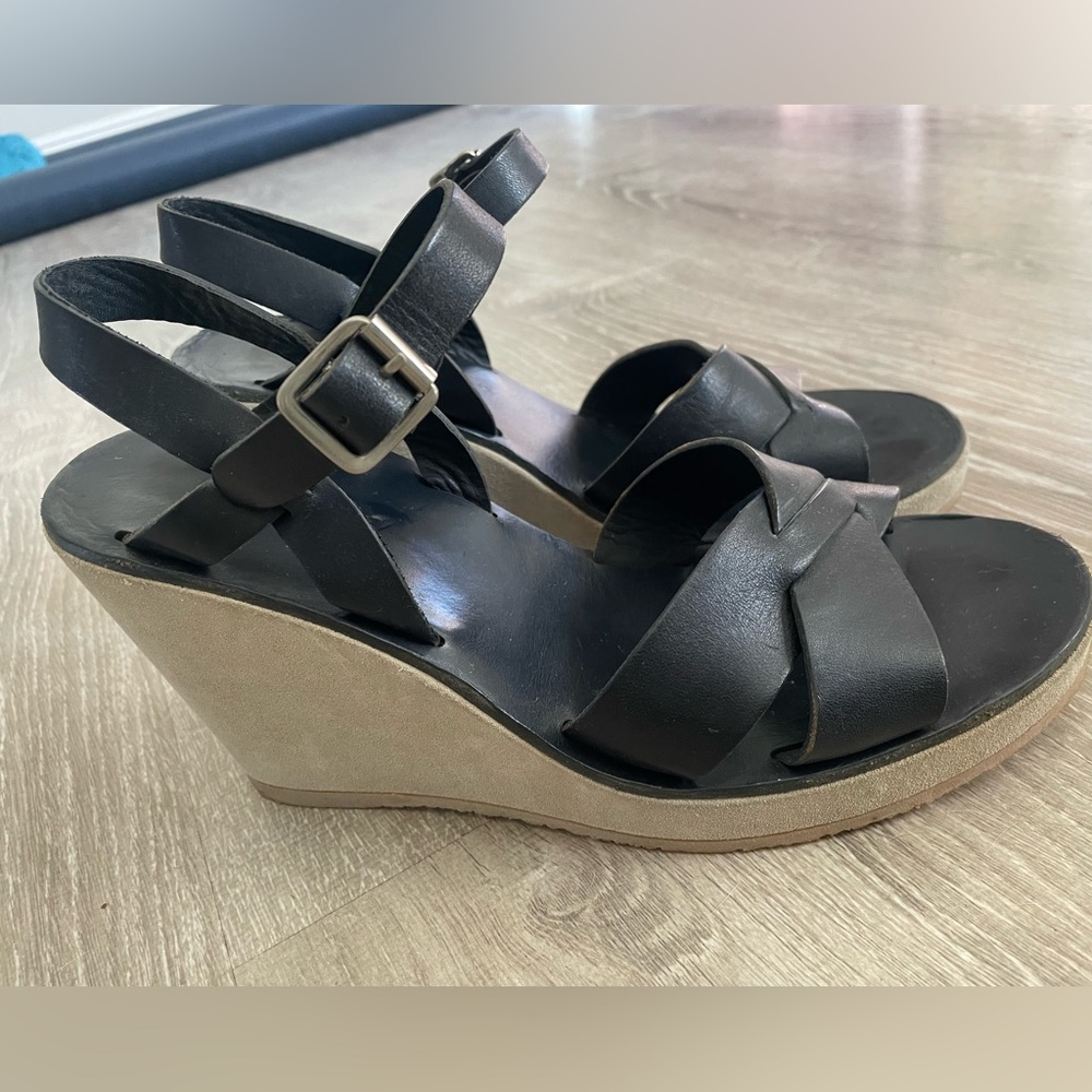 ALC Black Leather Wedges with Tan suede heel